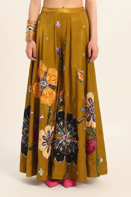 Ruhr India Yellow Satin, Chiffon Embroidery Round Neck Ochre Inaya Sharara Set at Aza Fashions Ruhr India_Yellow Satin, Chiffon Embroidery Round Neck Ochre Inaya Sharara Set _at_Aza_Fashions