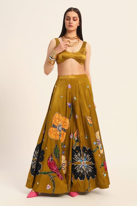 Buy Ruhr India Yellow Satin, Chiffon Embroidery Round Neck Ochre Inaya Sharara Set Buy_Ruhr India_Yellow Satin, Chiffon Embroidery Round Neck Ochre Inaya Sharara Set