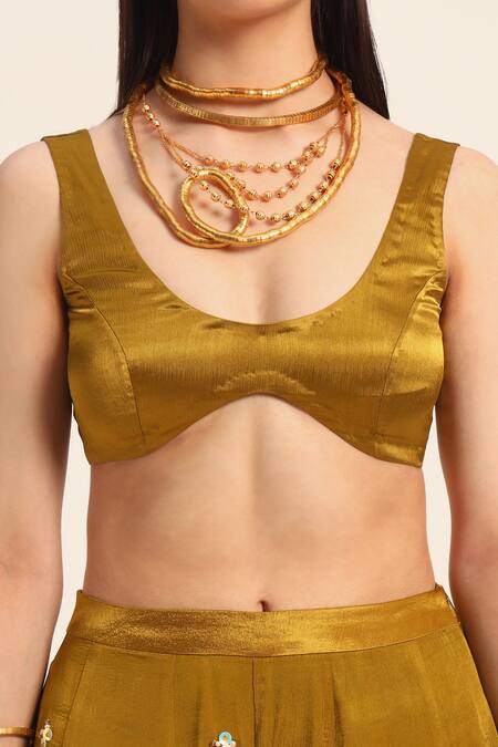 Shop Ruhr India Yellow Satin, Chiffon Embroidery Round Neck Ochre Inaya Sharara Set Shop_Ruhr India_Yellow Satin, Chiffon Embroidery Round Neck Ochre Inaya Sharara Set