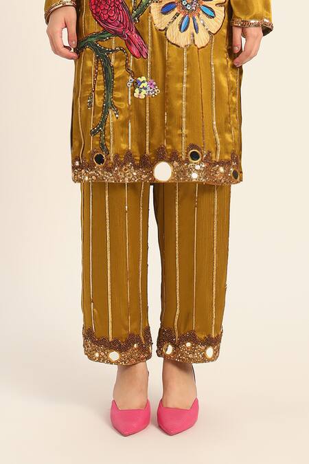 Ruhr India Yellow Satin, Chiffon Embroidery, Sequins Round Neck Avnii Hand Kurta Set at Aza Fashions Ruhr India_Yellow Satin, Chiffon Embroidery, Sequins Round Neck Avnii Hand Kurta Set _at_Aza_Fashions