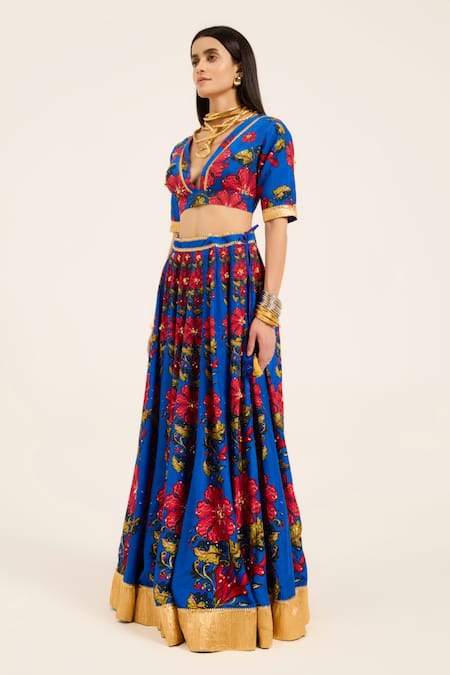 Ruhr India Blue Silk Embroidery, Sequins V-neck Naomi Hand Lehenga Set Online at Aza Fashions Ruhr India_Blue Silk Embroidery, Sequins V-neck Naomi Hand Lehenga Set _Online_at_Aza_Fashions