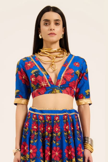 Buy Ruhr India Blue Silk Embroidery, Sequins V-neck Naomi Hand Lehenga Set Online at Aza Fashions Buy_Ruhr India_Blue Silk Embroidery, Sequins V-neck Naomi Hand Lehenga Set _Online_at_Aza_Fashions