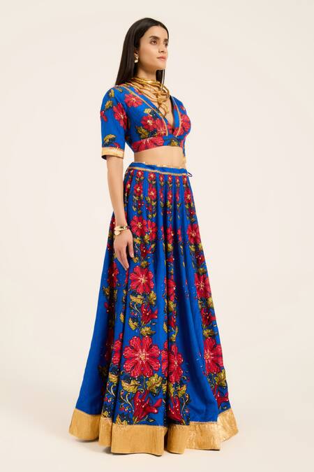 Shop Ruhr India Blue Silk Embroidery, Sequins V-neck Naomi Hand Lehenga Set Online at Aza Fashions Shop_Ruhr India_Blue Silk Embroidery, Sequins V-neck Naomi Hand Lehenga Set _Online_at_Aza_Fashions