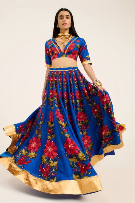 Buy Ruhr India Blue Silk Embroidery, Sequins V-neck Naomi Hand Lehenga Set Buy_Ruhr India_Blue Silk Embroidery, Sequins V-neck Naomi Hand Lehenga Set