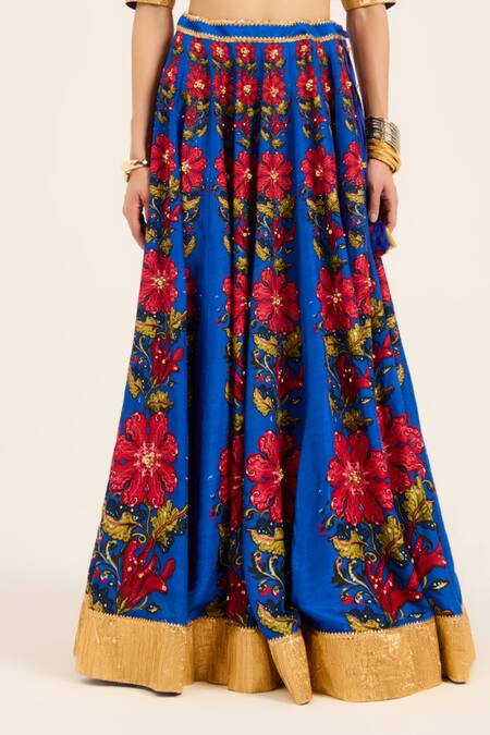 Shop Ruhr India Blue Silk Embroidery, Sequins V-neck Naomi Hand Lehenga Set Shop_Ruhr India_Blue Silk Embroidery, Sequins V-neck Naomi Hand Lehenga Set