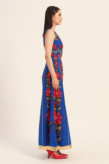 Ruhr India Blue Silk Embroidery V-neck Naomi Jumpsuit Online at Aza Fashions Ruhr India_Blue Silk Embroidery V-neck Naomi Jumpsuit _Online_at_Aza_Fashions