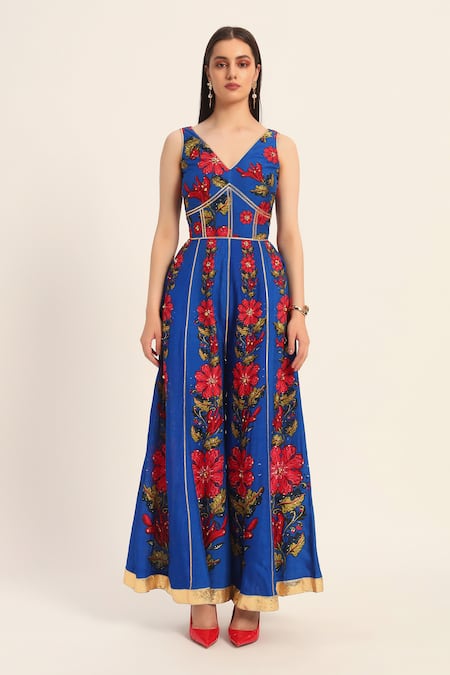 Shop Ruhr India Blue Silk Embroidery V-neck Naomi Jumpsuit Online at Aza Fashions Shop_Ruhr India_Blue Silk Embroidery V-neck Naomi Jumpsuit _Online_at_Aza_Fashions