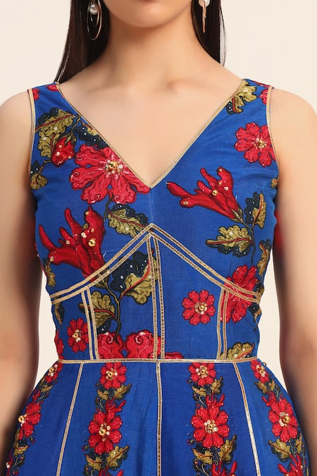 Ruhr India Blue Silk Embroidery V-neck Naomi Jumpsuit at Aza Fashions Ruhr India_Blue Silk Embroidery V-neck Naomi Jumpsuit _at_Aza_Fashions