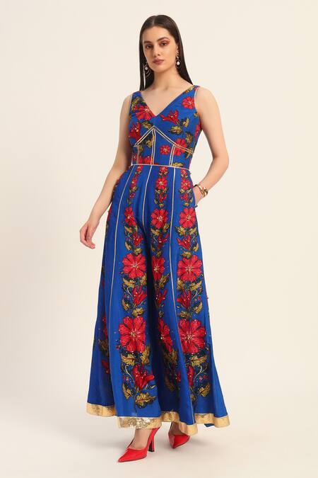 Buy Ruhr India Blue Silk Embroidery V-neck Naomi Jumpsuit Buy_Ruhr India_Blue Silk Embroidery V-neck Naomi Jumpsuit