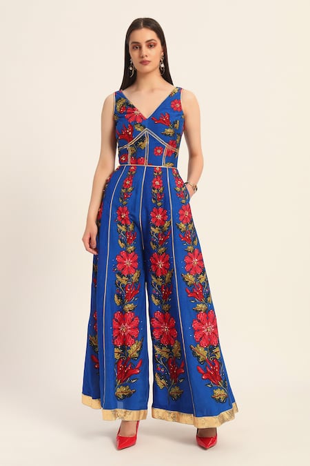 Ruhr India Blue Silk Embroidery V-neck Naomi Jumpsuit