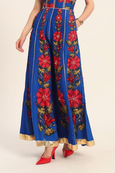 Shop Ruhr India Blue Silk Embroidery V-neck Naomi Jumpsuit Shop_Ruhr India_Blue Silk Embroidery V-neck Naomi Jumpsuit
