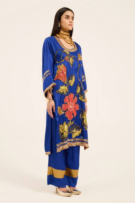 Ruhr India Blue Satin Embroidery, Sequins Round Neck Ink Hand Kurta Set Online at Aza Fashions Ruhr India_Blue Satin Embroidery, Sequins Round Neck Ink Hand Kurta Set _Online_at_Aza_Fashions