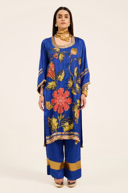 Buy Ruhr India Blue Satin Embroidery, Sequins Round Neck Ink Hand Kurta Set Online at Aza Fashions Buy_Ruhr India_Blue Satin Embroidery, Sequins Round Neck Ink Hand Kurta Set _Online_at_Aza_Fashions