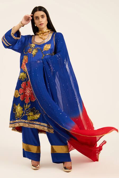 Shop Ruhr India Blue Satin Embroidery, Sequins Round Neck Ink Hand Kurta Set Online at Aza Fashions Shop_Ruhr India_Blue Satin Embroidery, Sequins Round Neck Ink Hand Kurta Set _Online_at_Aza_Fashions