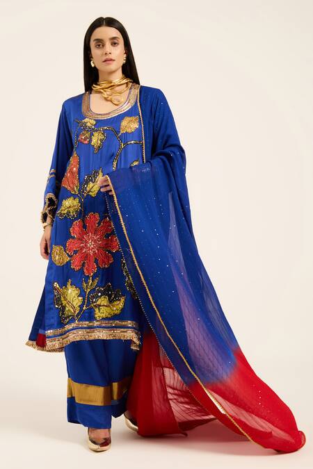Ruhr India Blue Satin Embroidery, Sequins Round Neck Ink Hand Kurta Set at Aza Fashions Ruhr India_Blue Satin Embroidery, Sequins Round Neck Ink Hand Kurta Set _at_Aza_Fashions