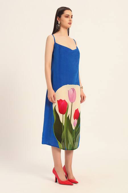 Ruhr India_Blue Crepe Scoop Neck Ink Floral Print Dress _Online_at_Aza_Fashions