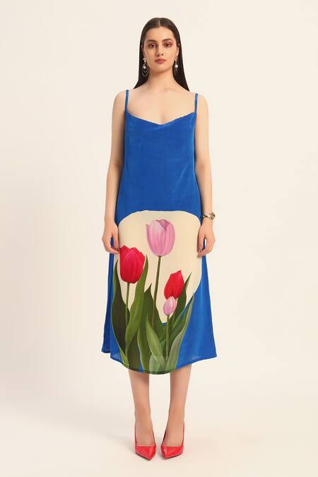 Buy_Ruhr India_Blue Crepe Scoop Neck Ink Floral Print Dress _Online_at_Aza_Fashions
