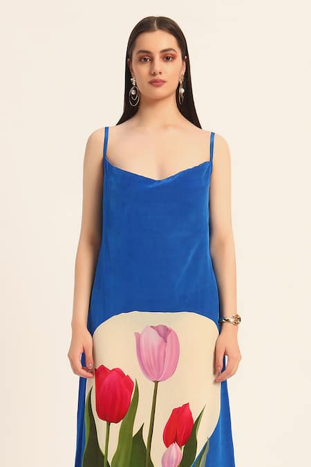 Shop_Ruhr India_Blue Crepe Scoop Neck Ink Floral Print Dress _Online_at_Aza_Fashions