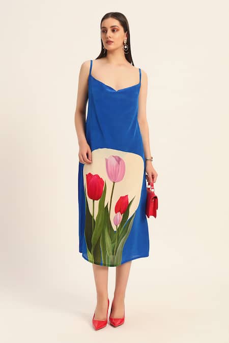 Ruhr India_Blue Crepe Scoop Neck Ink Floral Print Dress _at_Aza_Fashions