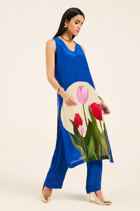 Buy Ruhr India Blue Crepe V-neck Ink Laleh Kurta Set Buy_Ruhr India_Blue Crepe V-neck Ink Laleh Kurta Set