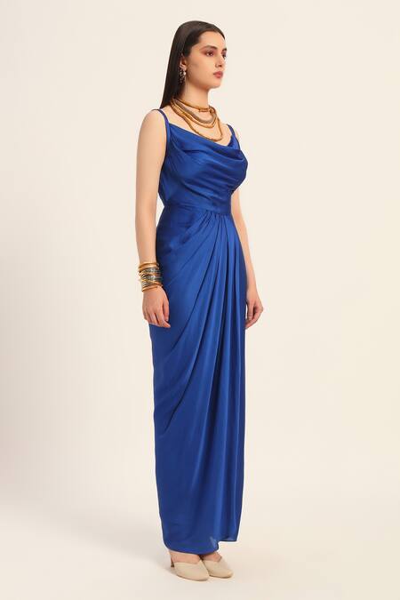 Buy Ruhr India Blue Satin Cowl Neck Ink Samyra Dress Online at Aza Fashions Buy_Ruhr India_Blue Satin Cowl Neck Ink Samyra Dress _Online_at_Aza_Fashions