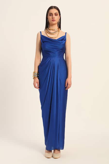 Shop Ruhr India Blue Satin Cowl Neck Ink Samyra Dress Online at Aza Fashions Shop_Ruhr India_Blue Satin Cowl Neck Ink Samyra Dress _Online_at_Aza_Fashions