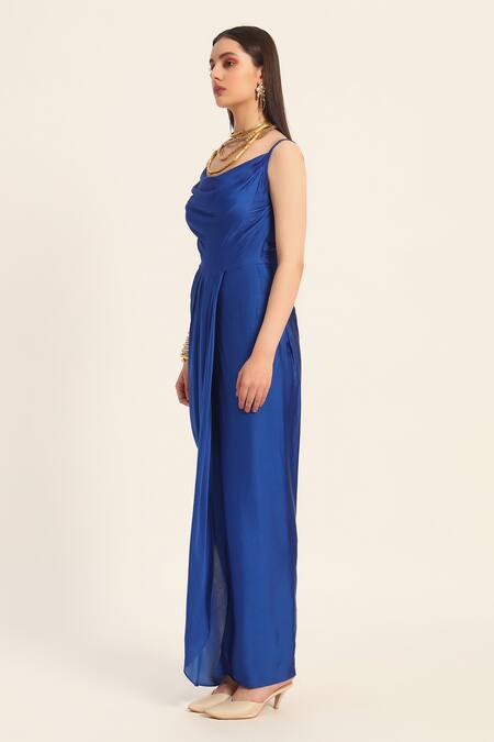 Ruhr India Blue Satin Cowl Neck Ink Samyra Dress at Aza Fashions Ruhr India_Blue Satin Cowl Neck Ink Samyra Dress _at_Aza_Fashions