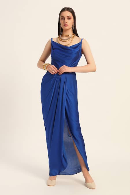 Ruhr India Blue Satin Cowl Neck Ink Samyra Dress