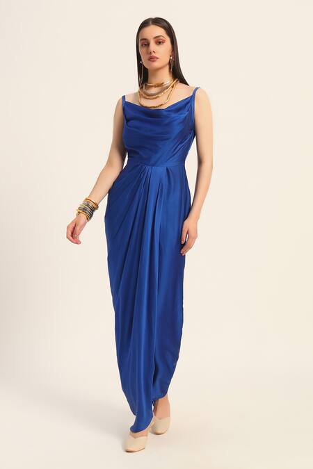Buy Ruhr India Blue Satin Cowl Neck Ink Samyra Dress Buy_Ruhr India_Blue Satin Cowl Neck Ink Samyra Dress