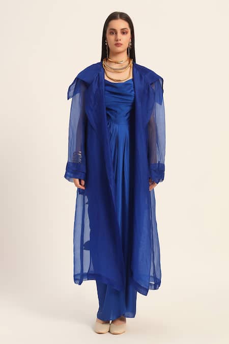 Ruhr India Blue Organza Embroidery Round Neck Ink Designer Hand Jacket