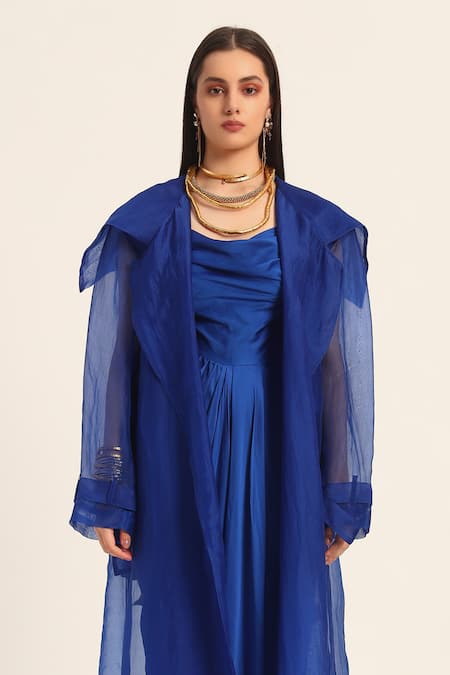 Ruhr India Blue Organza Embroidery Round Neck Ink Designer Hand Jacket Online at Aza Fashions Ruhr India_Blue Organza Embroidery Round Neck Ink Designer Hand Jacket _Online_at_Aza_Fashions