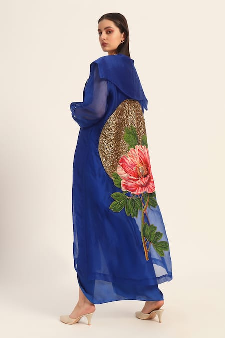 Shop Ruhr India Blue Organza Embroidery Round Neck Ink Designer Hand Jacket Online at Aza Fashions Shop_Ruhr India_Blue Organza Embroidery Round Neck Ink Designer Hand Jacket _Online_at_Aza_Fashions