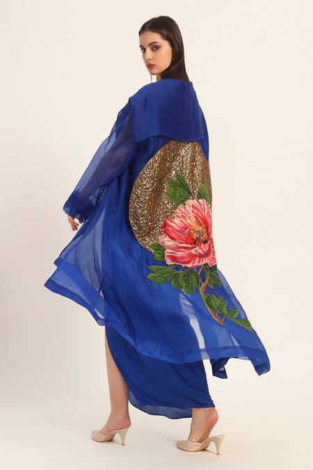 Ruhr India Blue Organza Embroidery Round Neck Ink Designer Hand Jacket at Aza Fashions Ruhr India_Blue Organza Embroidery Round Neck Ink Designer Hand Jacket _at_Aza_Fashions