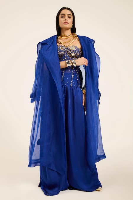 Ruhr India Blue Organza Beads, Mirrors, Sequins Sweetheart Ink Hand-embroidered Corset Top at Aza Fashions Ruhr India_Blue Organza Beads, Mirrors, Sequins Sweetheart Ink Hand-embroidered Corset Top _at_Aza_Fashions