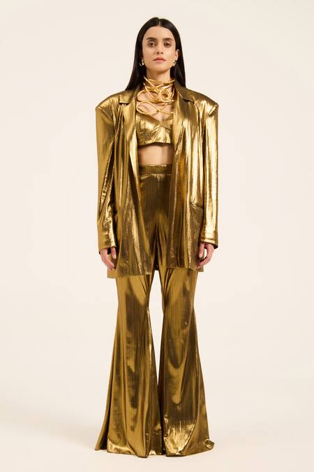 Ruhr India Gold Lycra Scoop Neck Miyu Blazer Set Online at Aza Fashions Ruhr India_Gold Lycra Scoop Neck Miyu Blazer Set _Online_at_Aza_Fashions