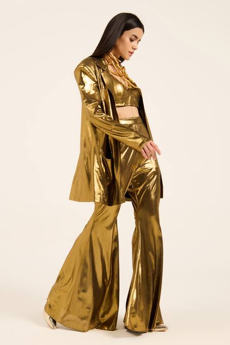 Buy Ruhr India Gold Lycra Scoop Neck Miyu Blazer Set Online at Aza Fashions Buy_Ruhr India_Gold Lycra Scoop Neck Miyu Blazer Set _Online_at_Aza_Fashions