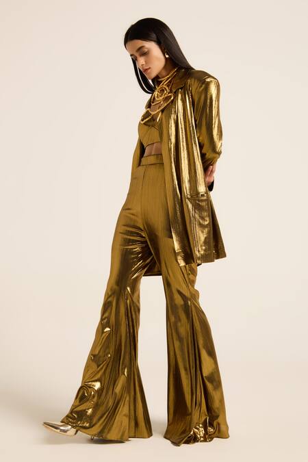 Shop Ruhr India Gold Lycra Scoop Neck Miyu Blazer Set Online at Aza Fashions Shop_Ruhr India_Gold Lycra Scoop Neck Miyu Blazer Set _Online_at_Aza_Fashions
