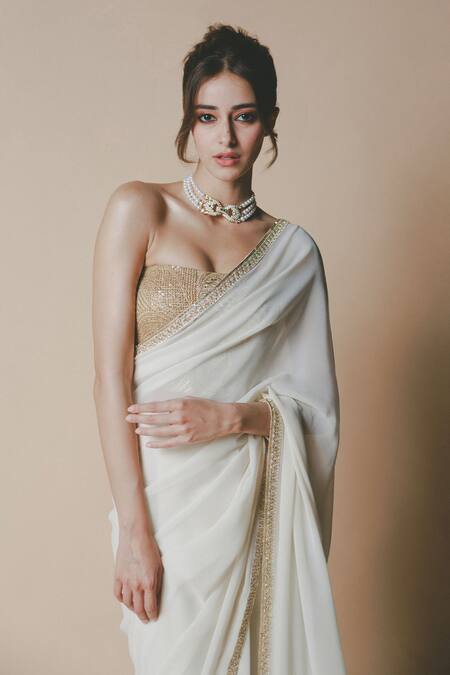 Masaba Ivory Georgette, Tissue Embroidery, Beads Sweetheart Saree With Corset Blouse Online at Aza Fashions Masaba_Ivory Georgette, Tissue Embroidery, Beads Sweetheart Saree With Corset Blouse _Online_at_Aza_Fashions