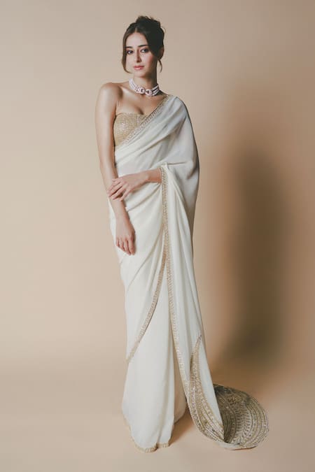 Shop Masaba Ivory Georgette, Tissue Embroidery, Beads Sweetheart Saree With Corset Blouse at Aza Fashions Shop_Masaba_Ivory Georgette, Tissue Embroidery, Beads Sweetheart Saree With Corset Blouse _at_Aza_Fashions