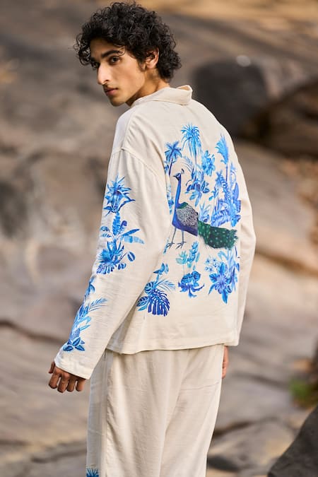 Dash And Dot_Beige Viscose, Linen Embroidery Designer White And Blue Shirt Pant Set _Online_at_Aza_Fashions