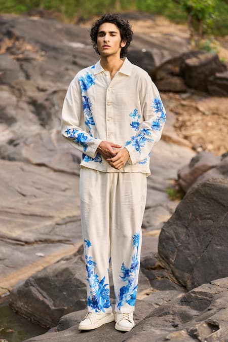 Buy_Dash And Dot_Beige Viscose, Linen Embroidery Designer White And Blue Shirt Pant Set _Online_at_Aza_Fashions