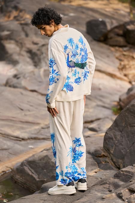 Shop_Dash And Dot_Beige Viscose, Linen Embroidery Designer White And Blue Shirt Pant Set _Online_at_Aza_Fashions