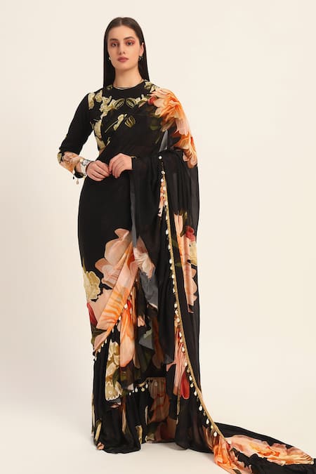 Ruhr India Black Chiffon, Crepe Embroidery, Ruffles Round Yuri Floral Pre-draped Saree Set 
