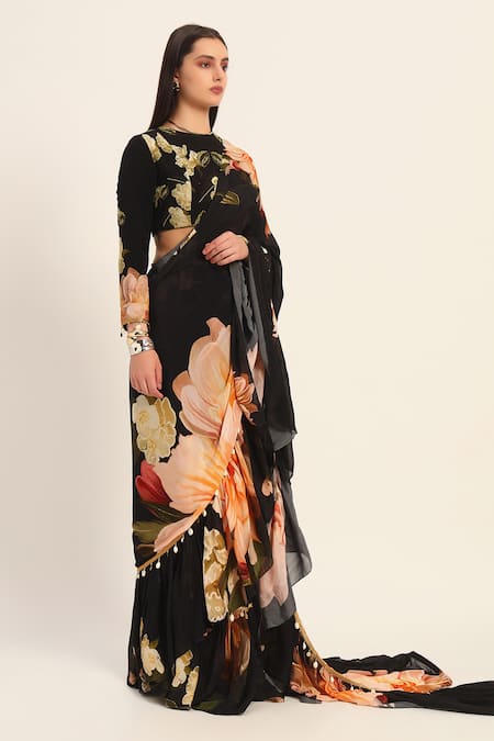 Ruhr India_Black Chiffon, Crepe Embroidery, Ruffles Round Yuri Floral Pre-draped Saree Set _Online_at_Aza_Fashions