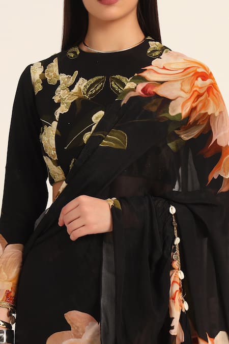Buy_Ruhr India_Black Chiffon, Crepe Embroidery, Ruffles Round Yuri Floral Pre-draped Saree Set _Online_at_Aza_Fashions