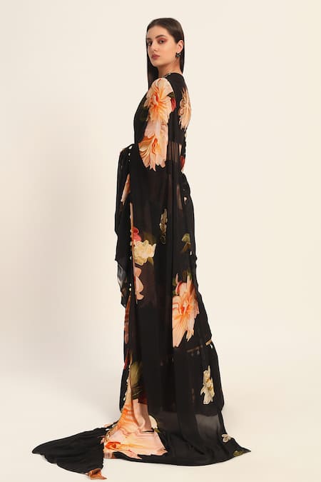 Shop_Ruhr India_Black Chiffon, Crepe Embroidery, Ruffles Round Yuri Floral Pre-draped Saree Set _Online_at_Aza_Fashions