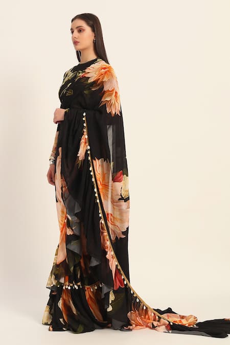 Ruhr India_Black Chiffon, Crepe Embroidery, Ruffles Round Yuri Floral Pre-draped Saree Set _at_Aza_Fashions