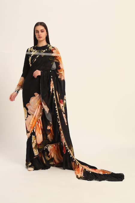 Buy_Ruhr India_Black Chiffon, Crepe Embroidery, Ruffles Round Yuri Floral Pre-draped Saree Set 