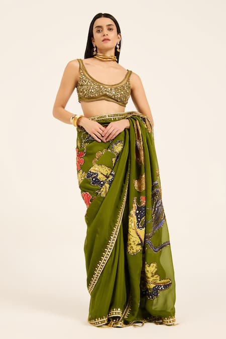 Ruhr India Green Organza Embroidery Round Neck Padmini Hand Saree Set Online at Aza Fashions Ruhr India_Green Organza Embroidery Round Neck Padmini Hand Saree Set _Online_at_Aza_Fashions