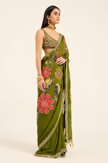 Buy Ruhr India Green Organza Embroidery Round Neck Padmini Hand Saree Set Online at Aza Fashions Buy_Ruhr India_Green Organza Embroidery Round Neck Padmini Hand Saree Set _Online_at_Aza_Fashions